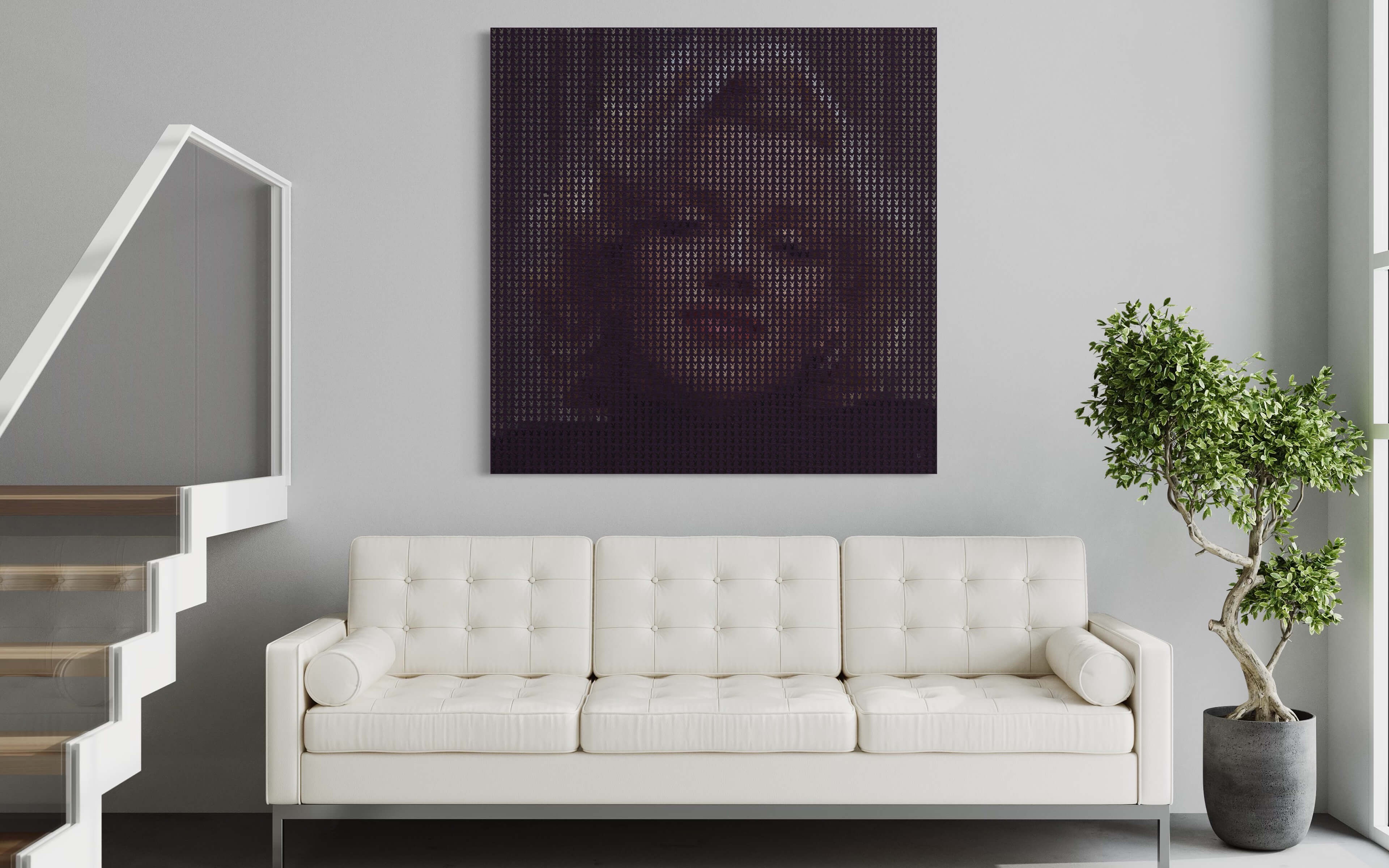 GriddyPop art of Marilyn Monroe hung over neutral couch in living room
