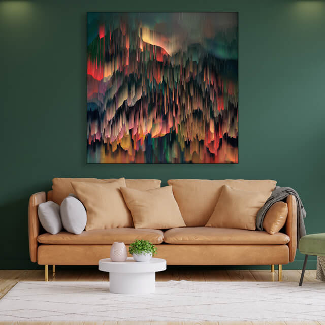 Oversized colorful digital abstract painting of colors dripping down hangs on dark green wall in living room.