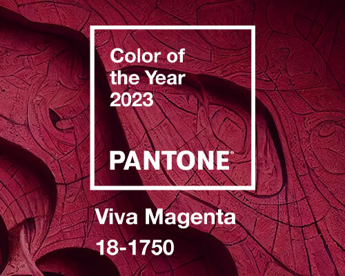 Abstract pattern in bright red-purple pantone 2023 color of the year Viva magenta with white square outline and text explaining the color over the top.