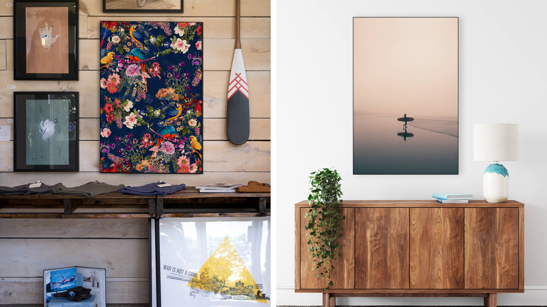 Two beachy living rooms compared side by side, showcasing maximalist and minimalist decor styles. The maximalist design is warm and inviting, featuring a colorful floral print and oar, while the minimalist space is calm and professional, with a lone surfer picture above a wooden sideboard.