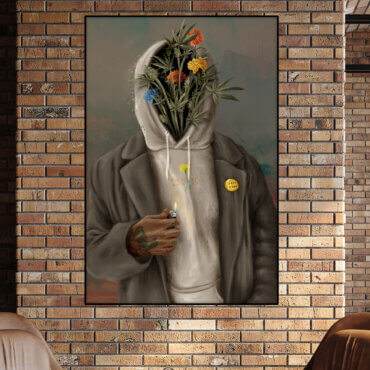 Oversized painting of Black man in gray hoodie and green blazer with wildflowers instead of a face hangs on brick wall in modern apartment living room