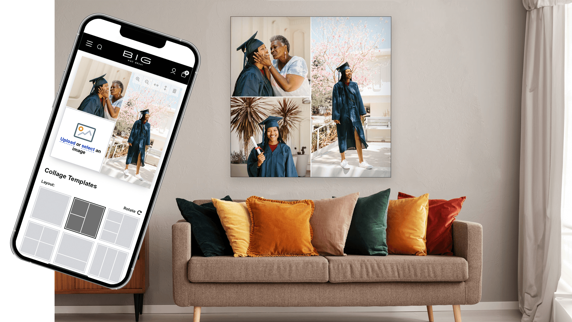 Insight into how custom collage poster hanging above couch in living room was designed, as seen on the phone showing BIG Wall Decor's custom photo collage makers.