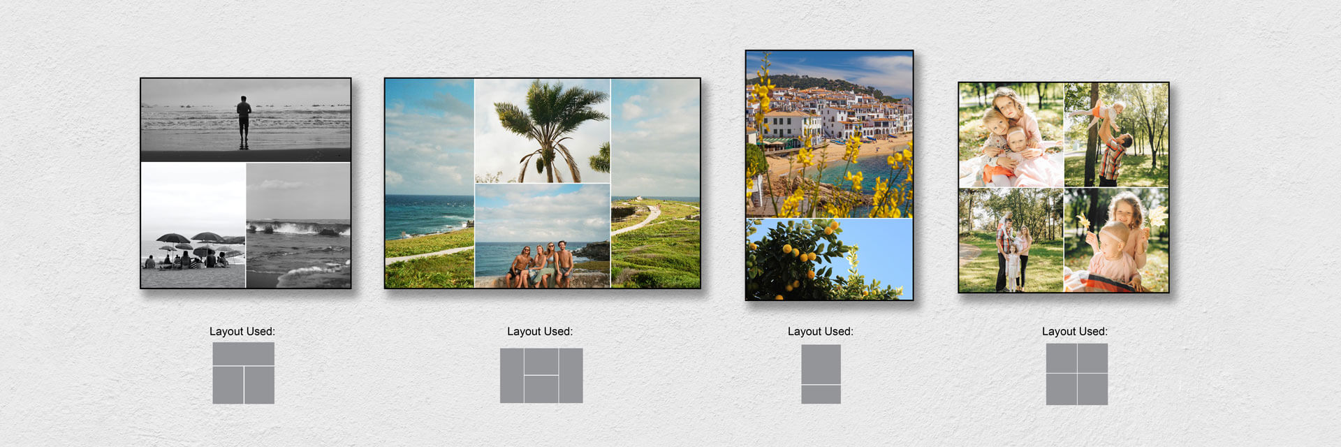 Examples of custom collage maker layouts and inspiration for what photos might look like when printed in different layouts.