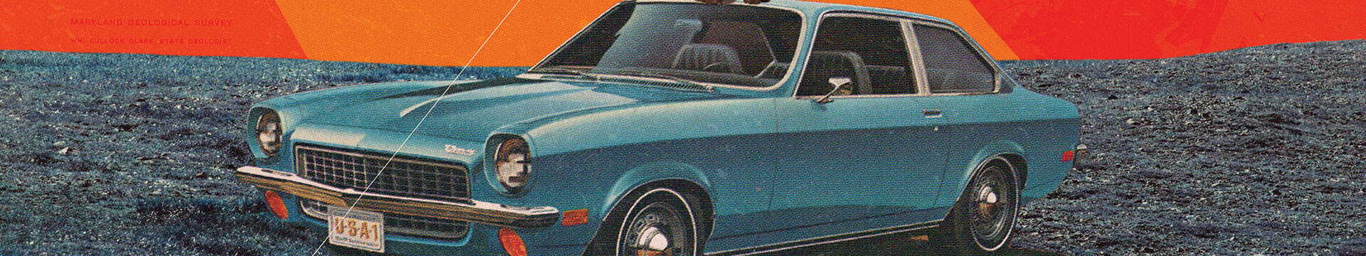 Zoomed in view of old car on vintage car artwork poster. Car is sitting on blue grass with bright red and orange sky in the background.
