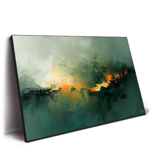 Deep greens with a vivid streak of orange and yellow, resembling an abstract fiery horizon.