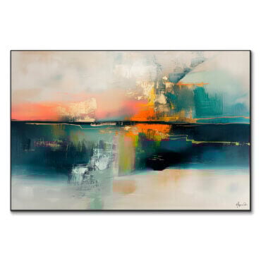 Contemporary sunset colors blend into calming teal and blue tones, with striking dark and light accents.