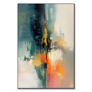 Warm reds and oranges merge into calming teals and blues with striking yellow accents.