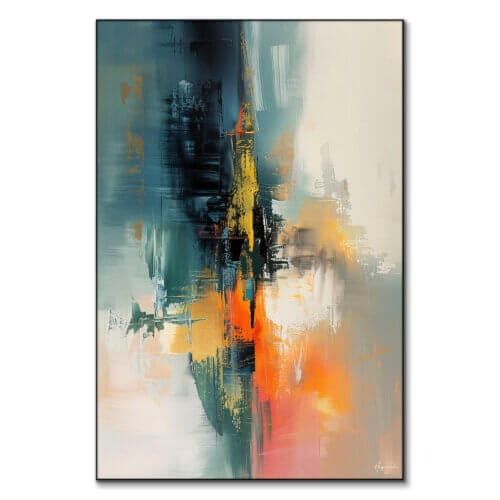Warm reds and oranges merge into calming teals and blues with striking yellow accents.