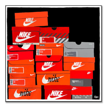 Colorful artwork featuring a collection of Nike shoe boxes in various colors.