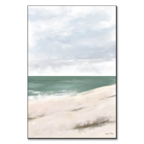Abstract coastal scene with soft blues, greens, and beige tones, depicting a peaceful ocean meeting a sandy shore under a calm sky.