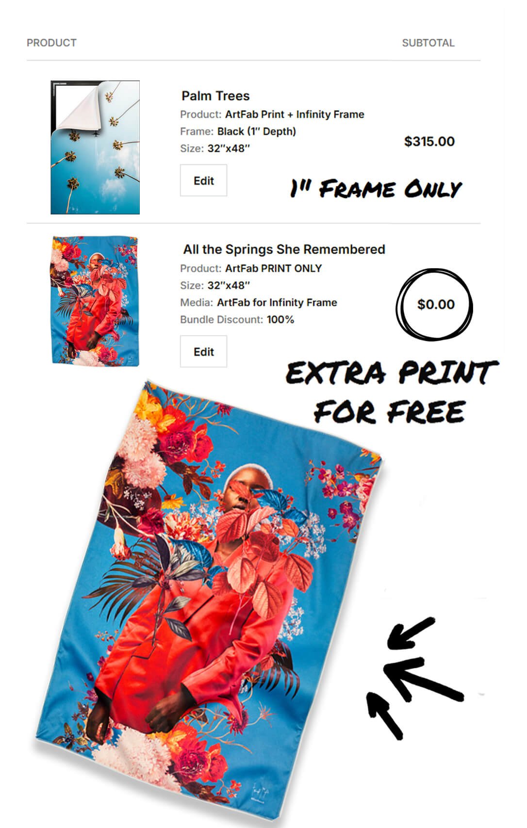 Shopping cart showing a free extra print with the purchase of a framed artwork.
