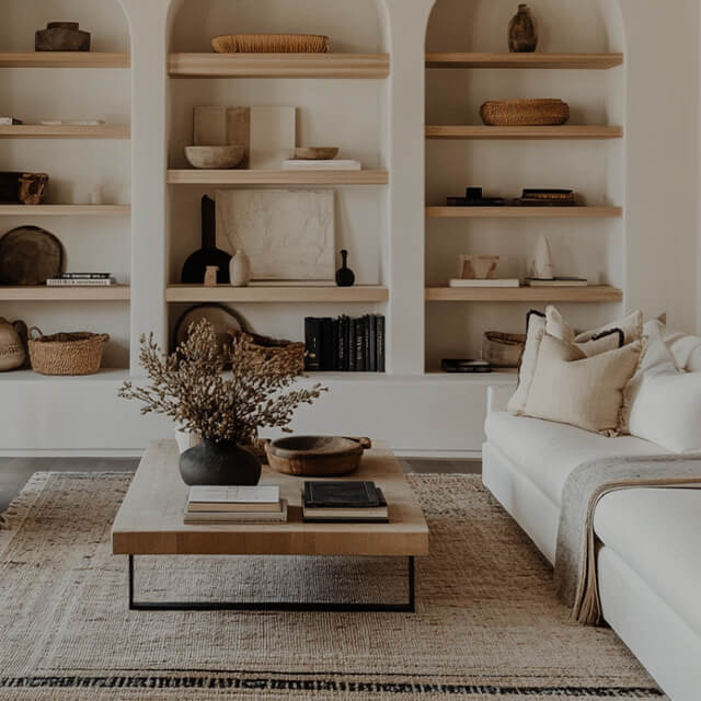 A warm, neutral-toned living room featuring a styled coffee table, built-in arched shelving with decorative objects, and a cozy white sofa with layered pillows and a throw blanket.