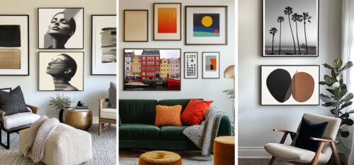 Three living rooms showcasing mixed art styles: modern portraits with abstract brushstrokes, colorful geometric prints with a cityscape, and a black-and-white photo with minimalist shapes.