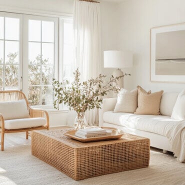 Neutral-toned coastal living room with a white sofa, rattan coffee table, soft throw blankets, framed minimalist ocean artwork, and natural light.