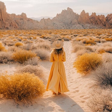 Back view of a woman in a long yellow dress and hat walking through a desert landscape with golden shrubs and rocky peaks.