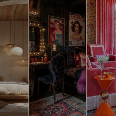 Collage of 2025 home decor trends featuring colorful Dopamine Decor, cozy Japandi minimalism, and moody Whimsigoth interiors.