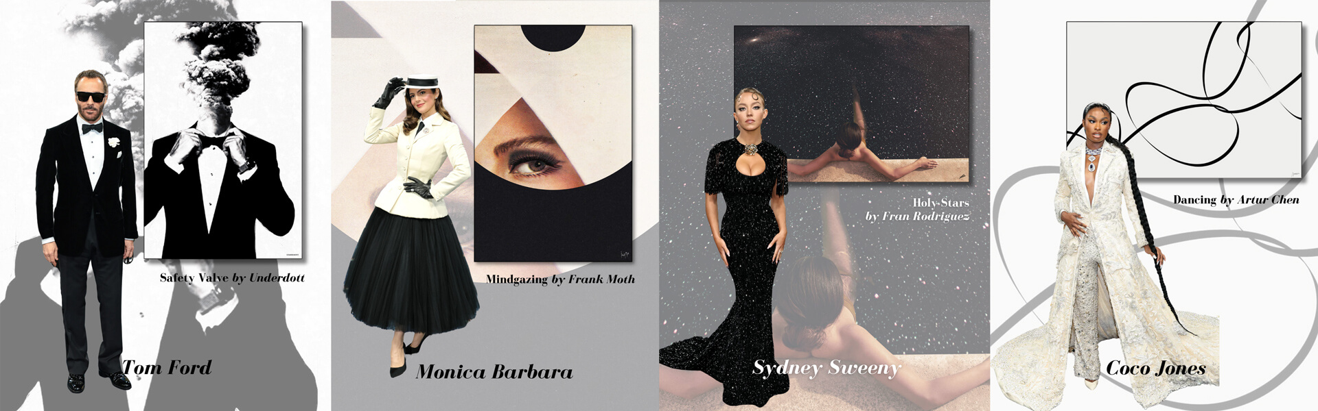 Tom Ford, Monica Barbara, Sydney Sweeney, and Coco Jones at the 2025 Met Gala, each styled next to artwork from Underdott, Frank Moth, Fran Rodriguez, and Artur Chen.