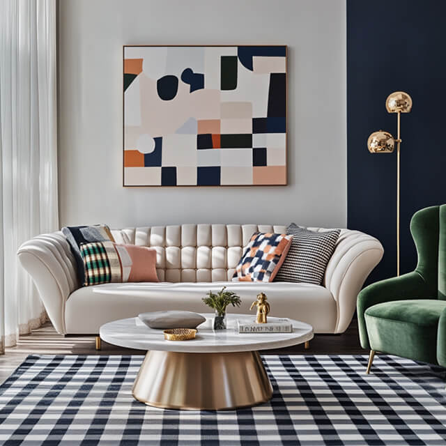Living room with tufted cream sofa, green velvet chair, geometric artwork, and checkered rug in minimalist maximalist style