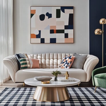 Modern minimalist maximalist living room with a cream tufted sofa, green velvet accent chair, geometric wall art, and a navy checkered rug