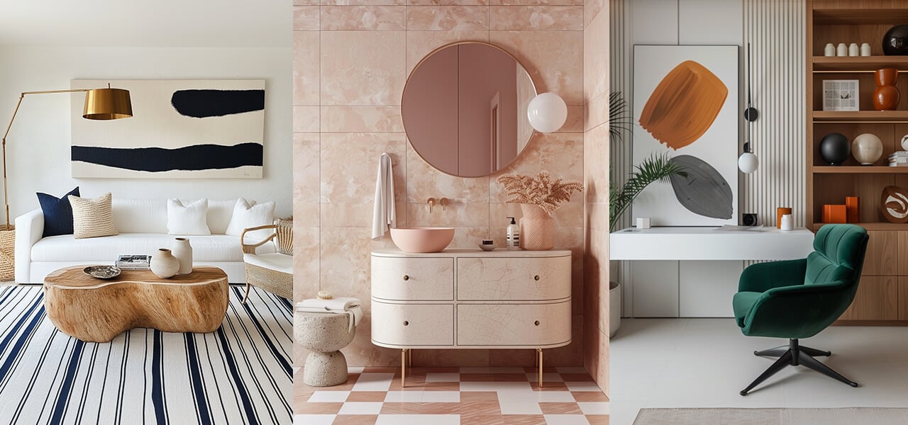 Modern interior design collage showing a minimalist maximalist living room with striped rug and organic wood table, blush pink bathroom with round mirror, and home office with bold art and a green swivel chair