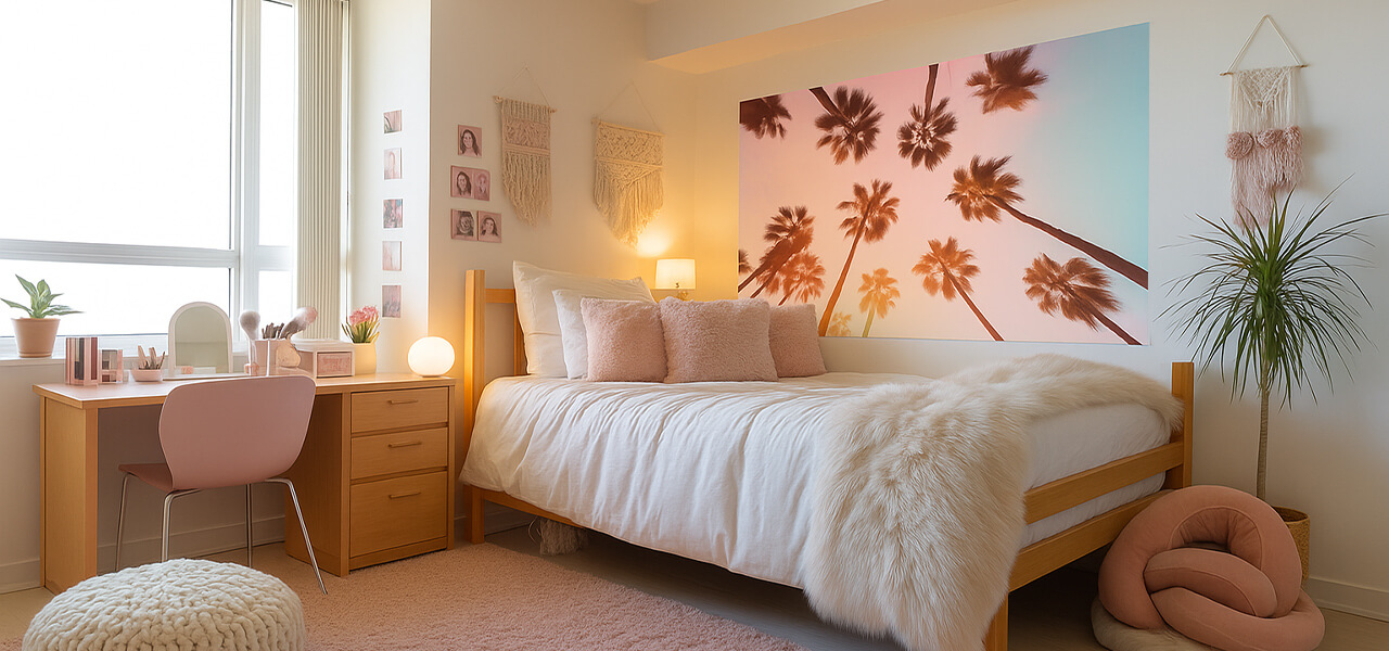 College wall art featuring a palm tree print in a decorated student bedroom