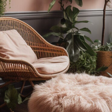 Cozy bloom room with indoor plants, a rattan chair, and soft pink décor accents