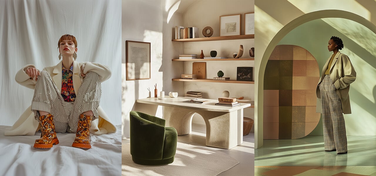 Editorial image showing a bold fashion look with patterned pants, a sculptural modern office with organic shapes, and a model in a soft green coat standing in an arched, color-blocked space