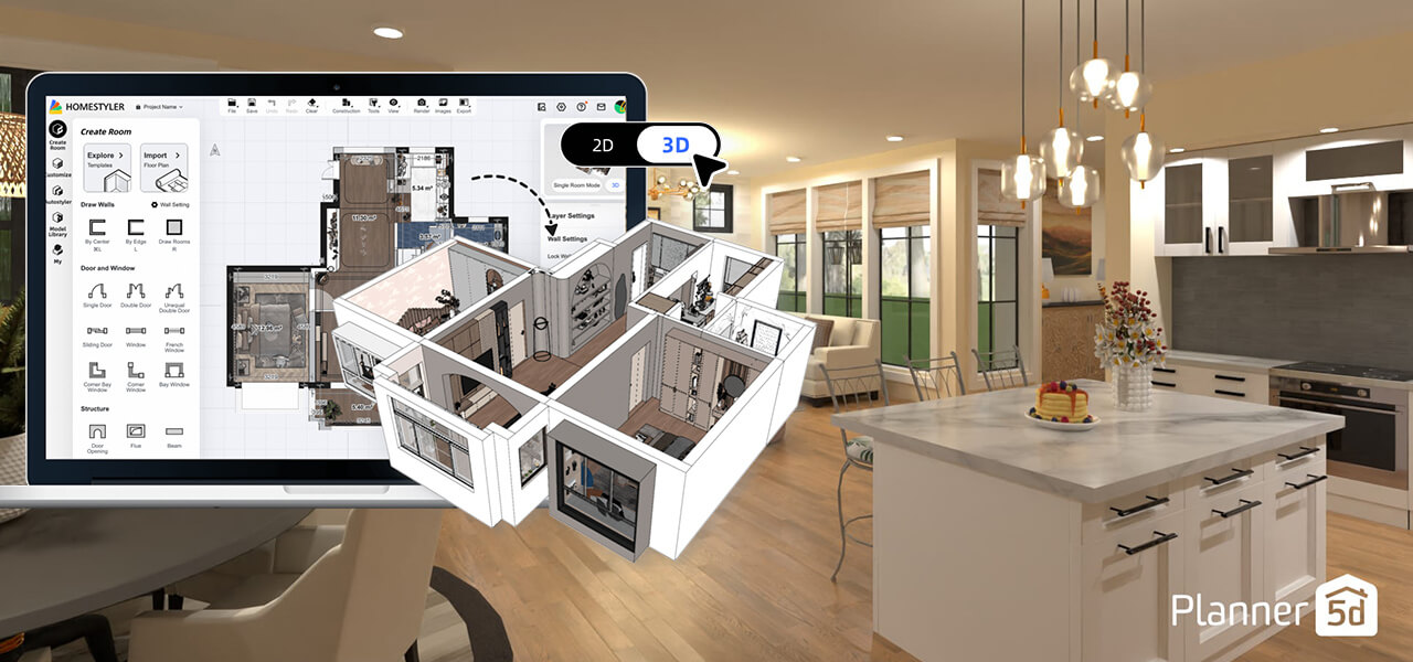 Split-screen image showing a laptop with Homestyler’s 2D/3D floor plan builder overlaid on a modern living room 