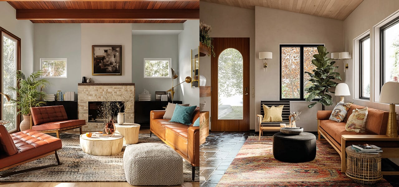 Mid-century modern living rooms with leather sofas, layered rugs, wood accents, and large windows with natural light.