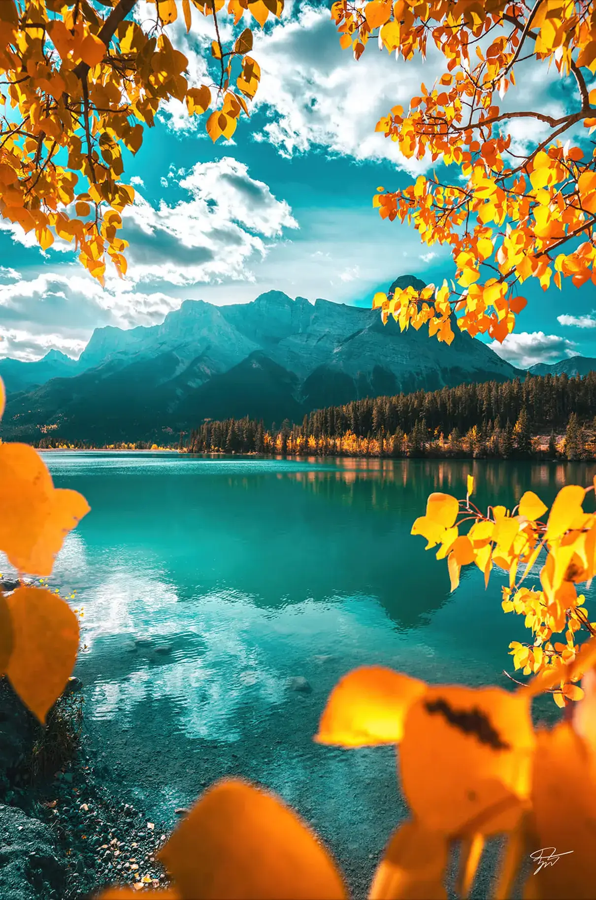Autumn Teal Yellow Mountain Lake | BIG Wall Décor