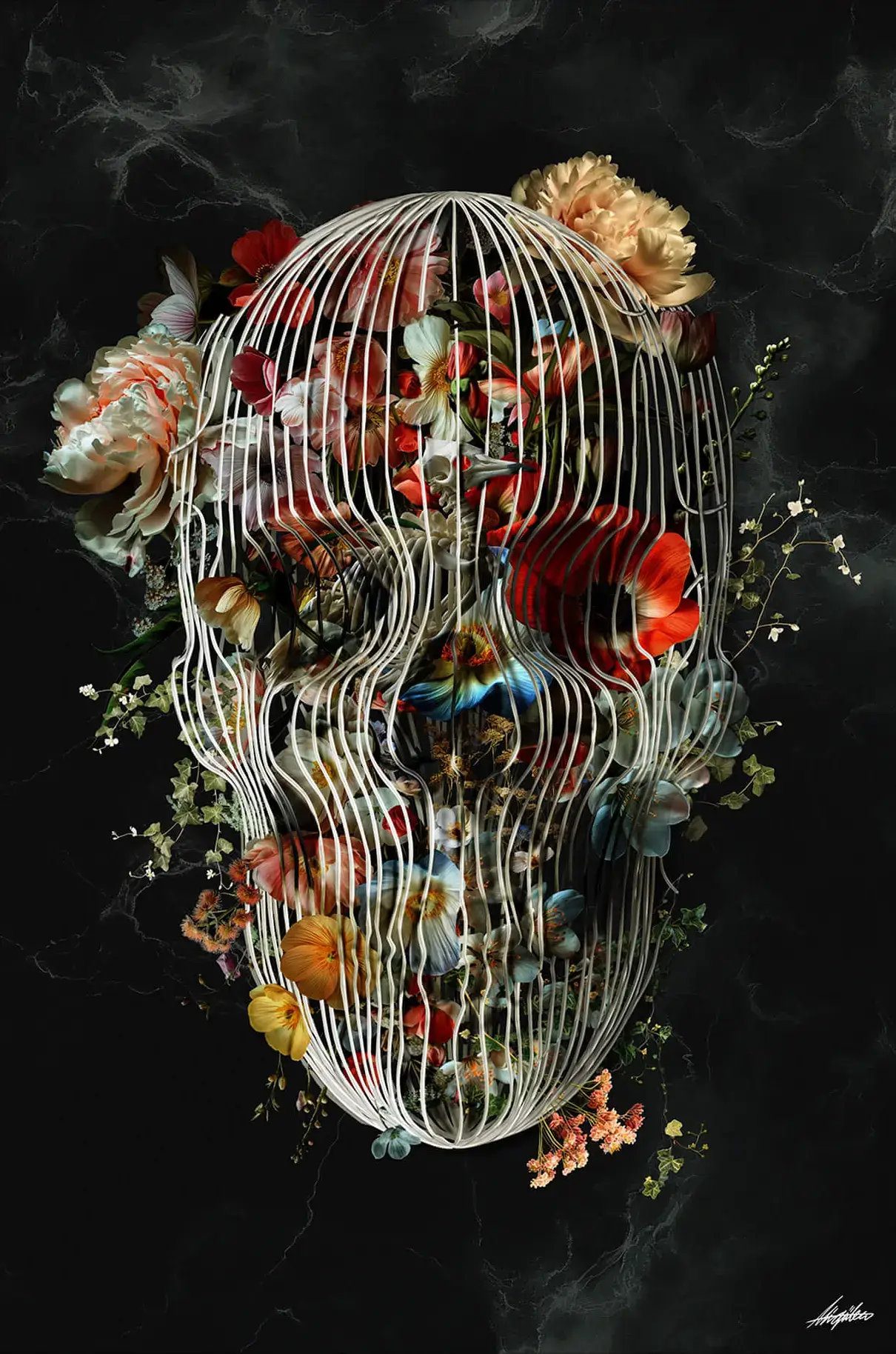 Floral Bird Cage Abstract Skull | BIG Wall Décor