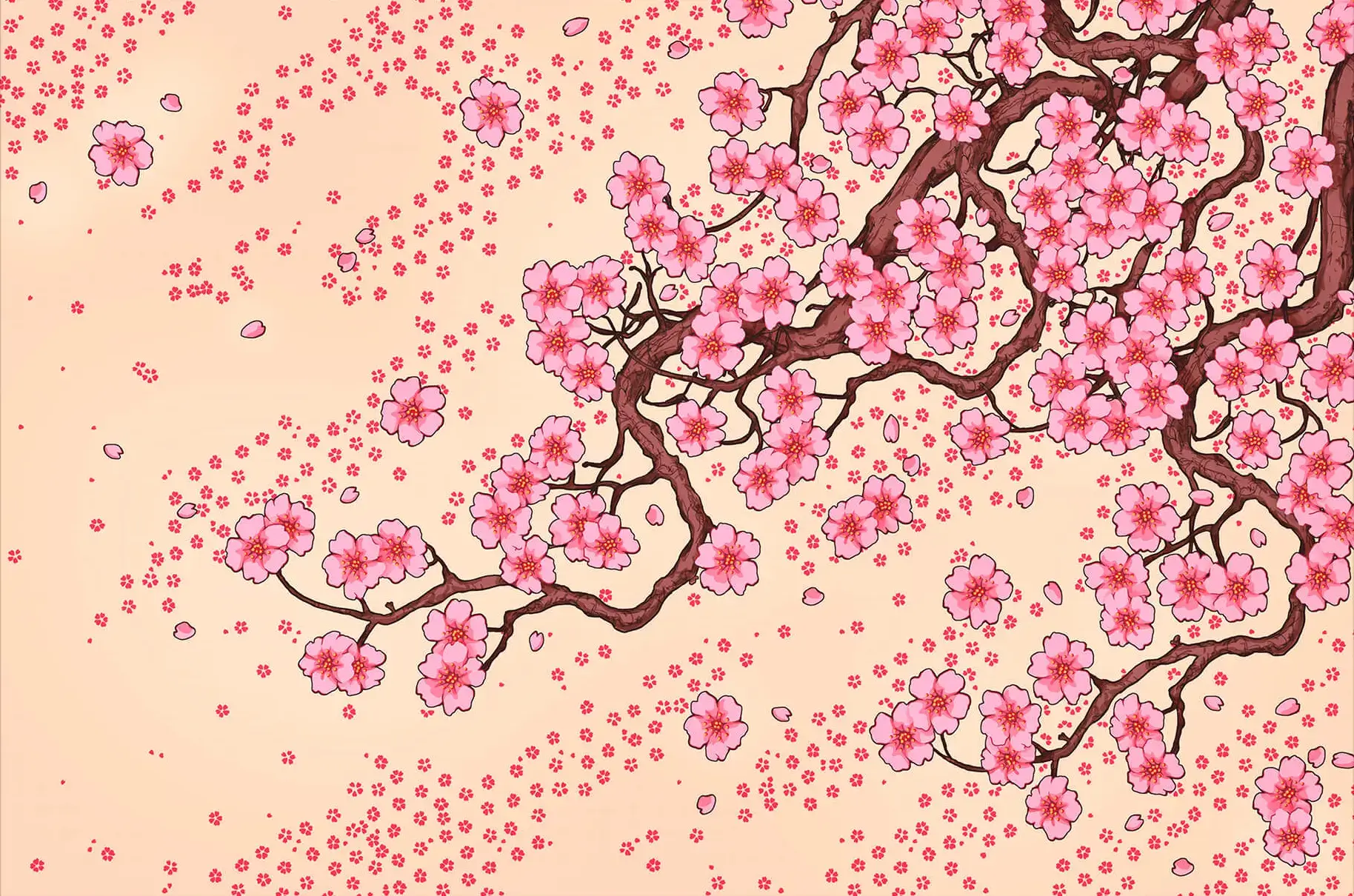 Retro Cherry Blossom Digital Illustration | BIG Wall Décor