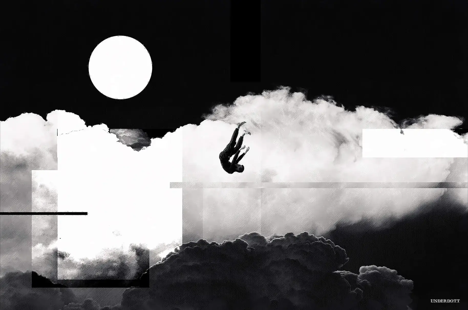 Man falling through surreal sky