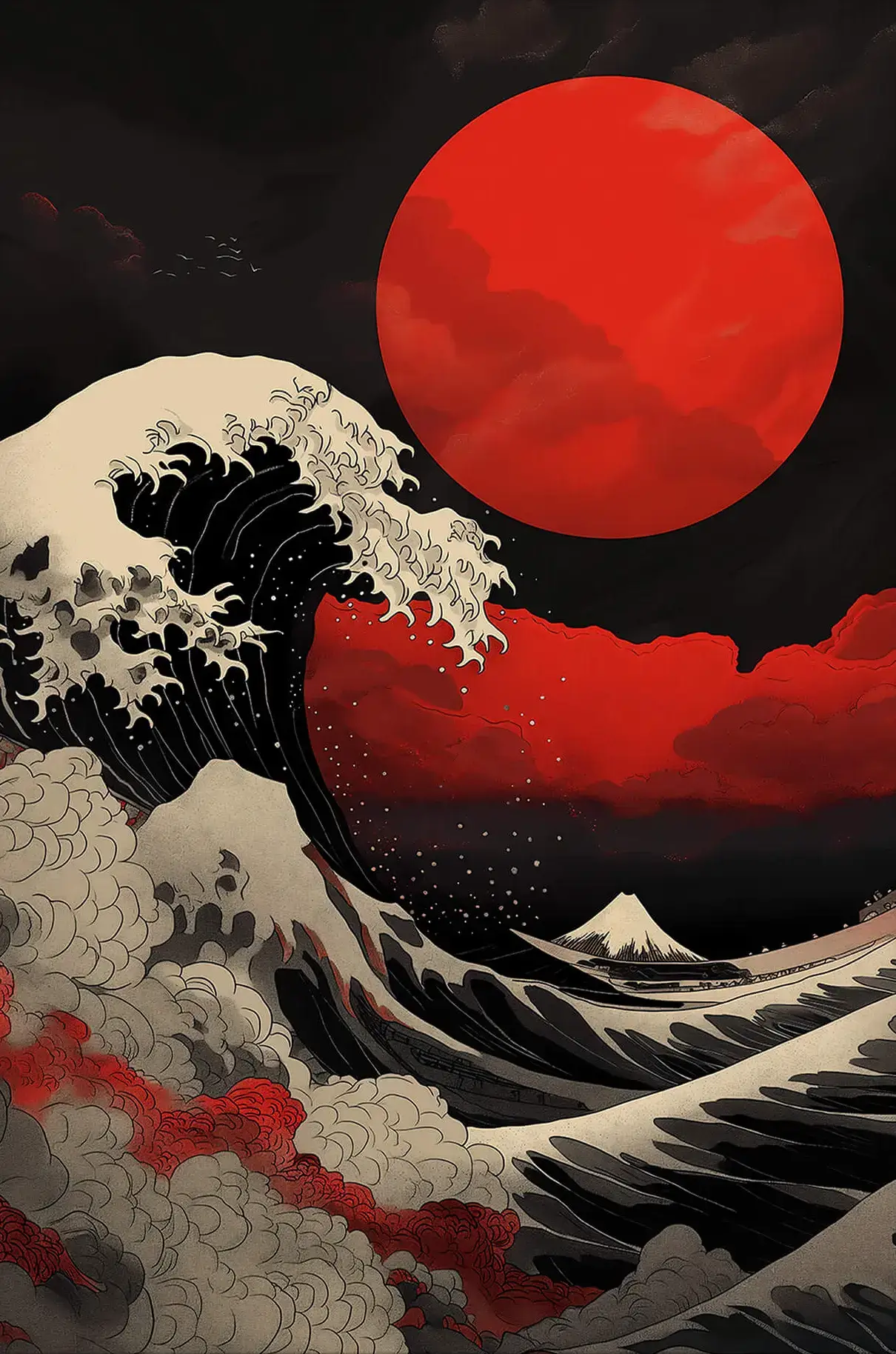 Black and Red Japanese Ink Wave Painting | BIG Wall Décor, image size:1210x1828