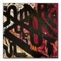 Abstract artwork with bold black brushstrokes over a textured red and neutral background with small yellow dots.