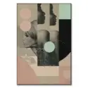 Three sepia-toned female profiles overlaid with pastel geometric shapes and linear details.