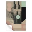 Sepia-toned feminine portraits overlaid with pastel geometric shapes and fine linear details, blending portraiture and design.