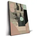 Neutral-toned female profiles overlaid with pastel geometric shapes and fine linear details, blending portraiture and design.