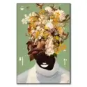 Portrait of a man with his face intertwined with flowers against a green background with geometric shapes.