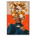 Woman's portrait with flowers, wearing a blue garment, against a beige and orange geometric background.