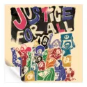 Illustration of diverse group raising fists and voices under "Justice for All" text, symbolizing unity and the fight for justice.