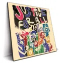 Drawing of diverse group raising fists and voices under "Justice for All" text.