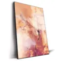 Abstract artwork in warm oranges and muted pinks, with white and black brushstrokes.