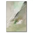 Abstract painting with soft gray, green and white brushstrokes.