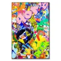 Collage artwork with vibrant colors, bold text, and a central face amidst the graffiti.