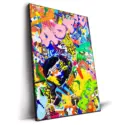 Spray paint collage artwork with vibrant colors, stenciled text, and a central face amidst the graffiti.