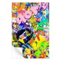Lively collage artwork with vibrant colors, stenciled text, and a central face amidst graffiti and advertisements.