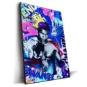 Muhammad Ali spray paint art with colorful graffiti and luxury brand names in the background.