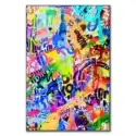 Colorful abstract collage art with graffiti elements and vibrant paint splashes.
