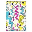 Playful abstract pattern with bold geometric shapes and fluid lines in bright yellow, pink, and blue hues.